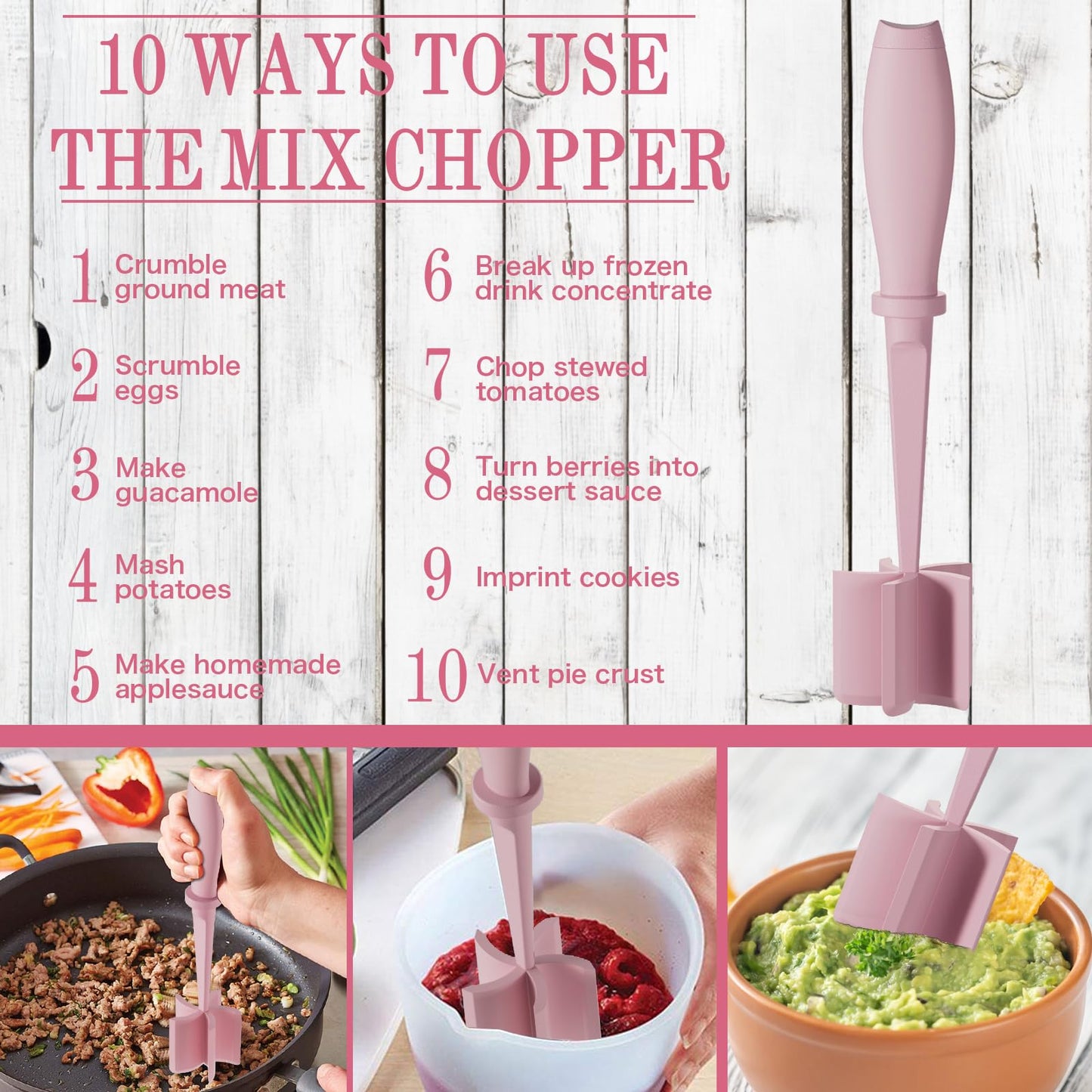 Meat Chopper Masher, 5 Curve Blades - Pink