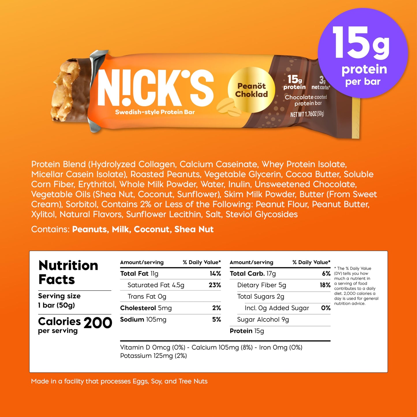 Nick's Protein Bars Chocolate Peanut - Low Carb Keto Friendly Snacks, No Added Sugar - Pack of 24