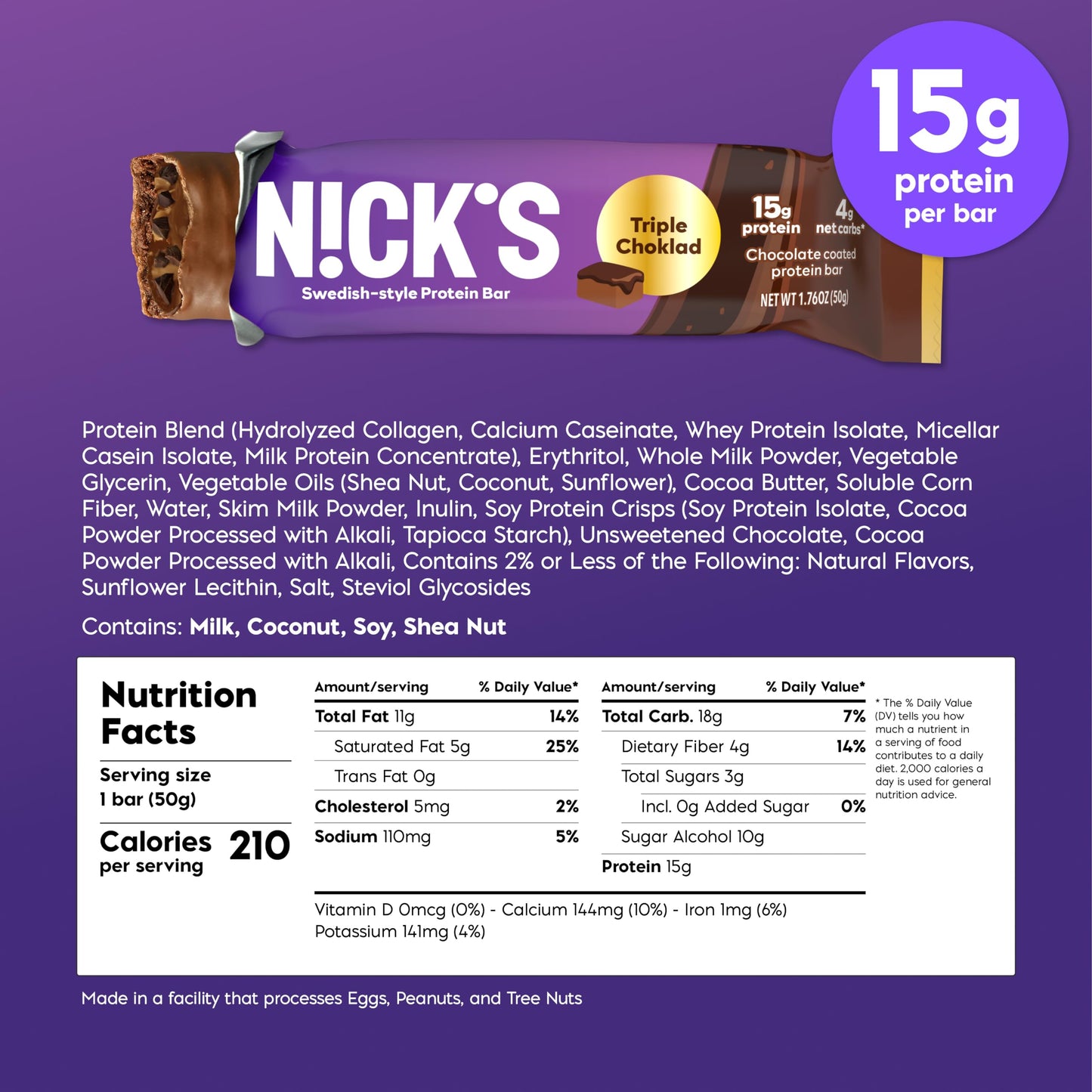 Nick's Protein Bars Triple Chocolate - Low Carb Keto Friendly Snacks, No Added Sugar - Pack of 12