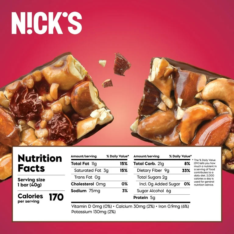 Nick's Nut Snack Bars Cherry Chocolate - Low Carb Keto Friendly Snacks, No Added Sugar - Pack of 12