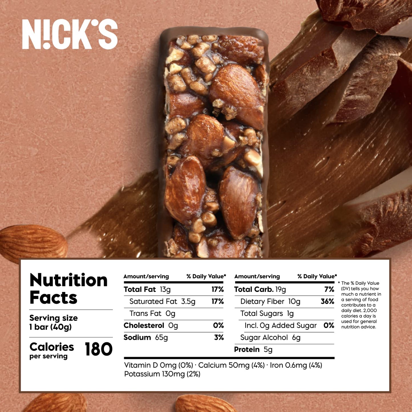 Nick's Nut Snack Bars Almond Chocolate - Low Carb Keto Friendly Snacks, No Added Sugar - Pack of 30
