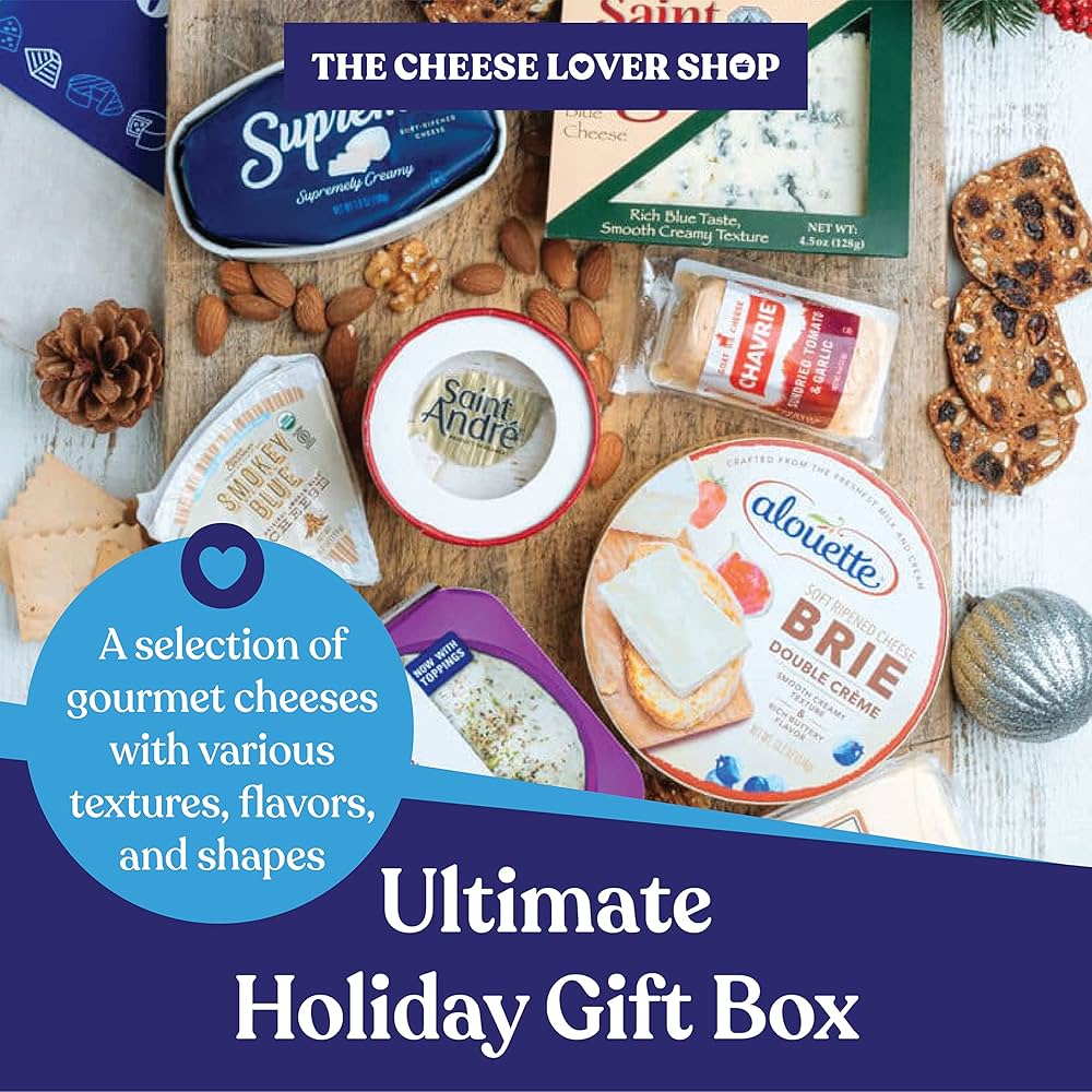 The Cheese Lover Holiday Gift Box Party of 12 - Cheese Platter with 7 Gourmet Cheeses with 4 Accompaniments, Cheese Sampler Gift Set