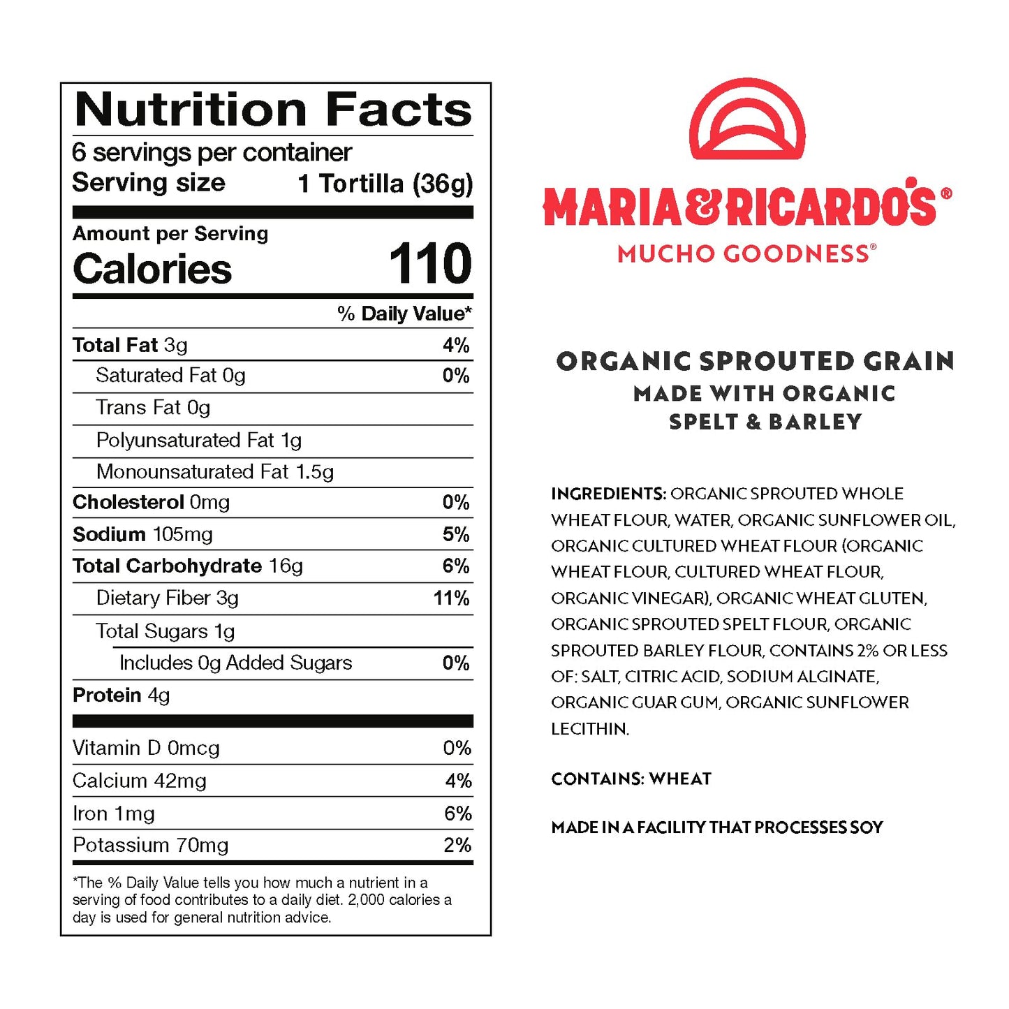 Maria & Ricardo's Organic Sprouted Grain Tortillas 6 FAJITA SIZE, USDA Certified Organic - Pack of 3