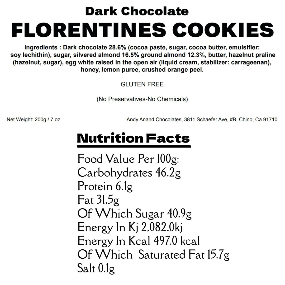 ANDY ANAND DARK CHOCOLATE FLORENTINE BISCUIT COOKIES, 24 PCS ORANGE AND ALMOND - 7 OZ - GLUTEN FREE, DECADENT GIFT BOX FOR SPECIAL OCCASIONS