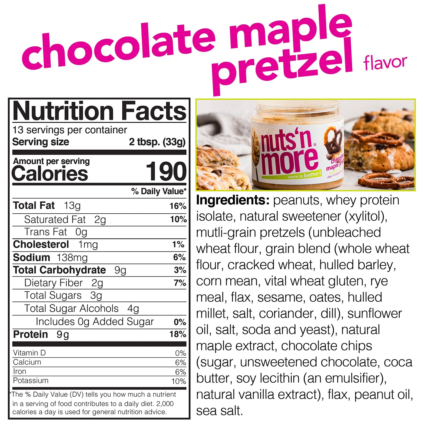 Nuts ‘N More Chocolate Maple Pretzel Peanut Butter Spread - Added Protein All Natural Snack, Low Carb, Low Sugar, High Protein, Gluten Free - Pack of 2