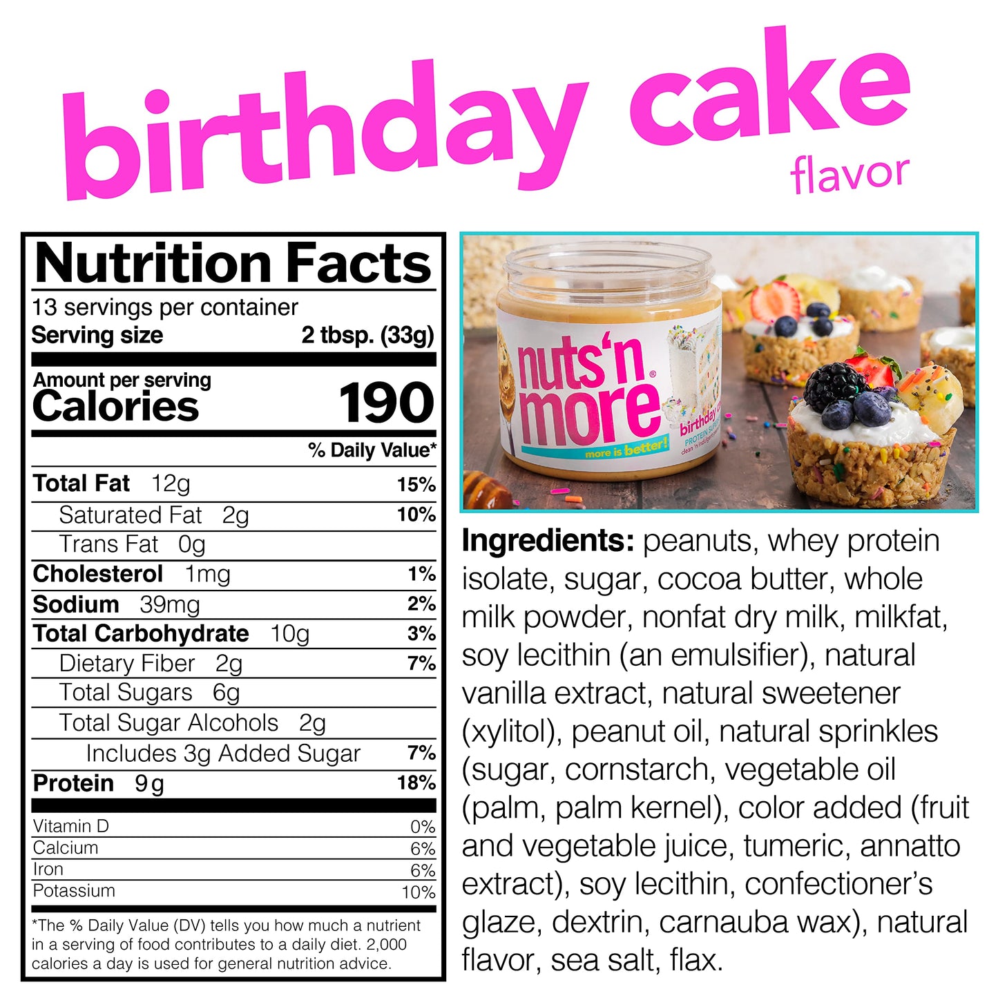 Nuts ‘N More Birthday Cake Peanut Butter Spread - Added Protein All Natural Snack, Low Carb, Low Sugar, High Protein, Gluten Free - Pack of 2