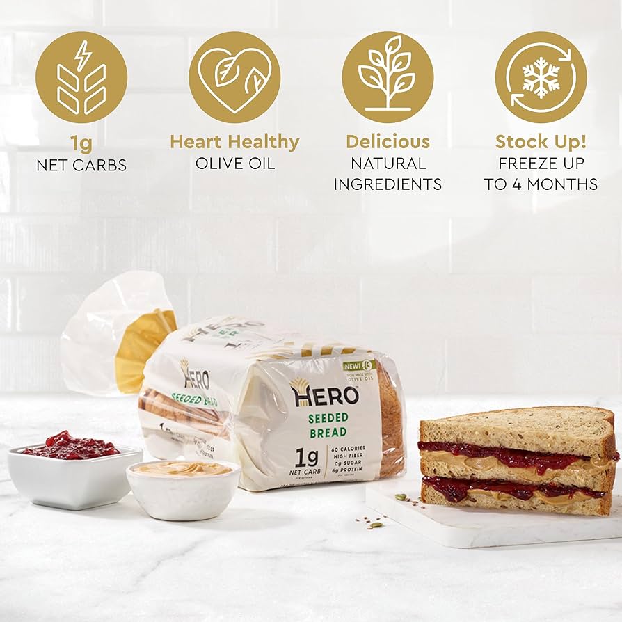 Hero Seeded Bread — Delicious Bread with 1g Net Carb, 0g Sugar, 60 Calories - 15 Slices/Loaf, 2 Loaves