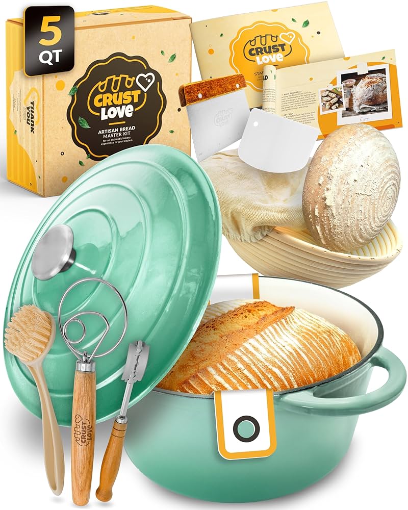 Dutch Oven for Bread Baking - Sourdough Bread-Baking Supplies, Banneton Bread-Proofing Basket - 5 Quart Enameled Cast Iron Bread-Oven with Lid, Baking Pan, Scoring Tool Lame
