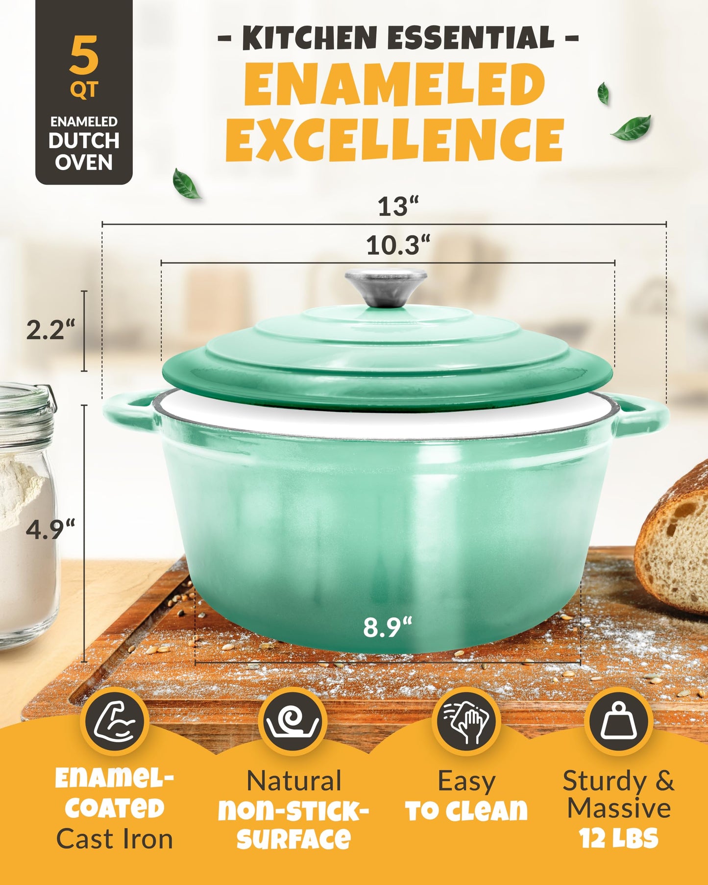 Dutch Oven for Bread Baking - Sourdough Bread-Baking Supplies, Banneton Bread-Proofing Basket - 5 Quart Enameled Cast Iron Bread-Oven with Lid, Baking Pan, Scoring Tool Lame