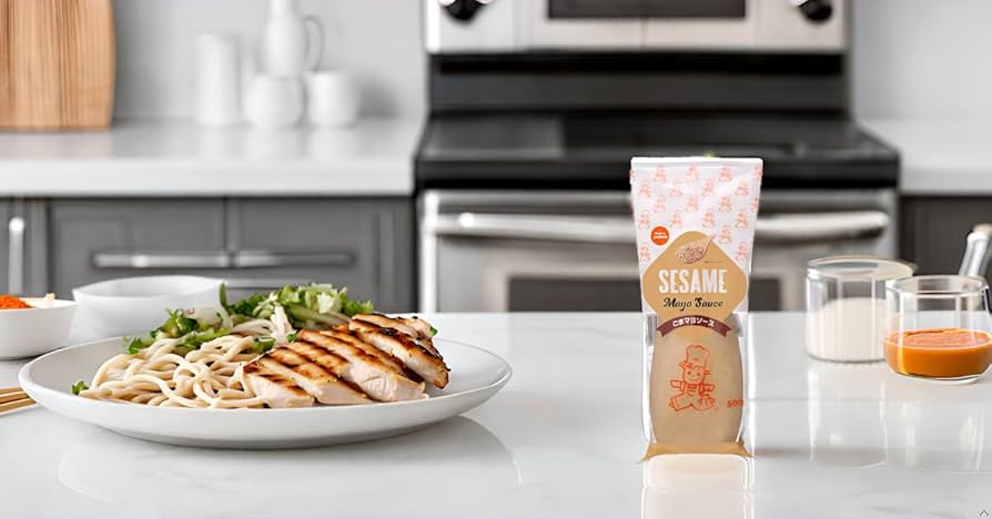 Japanese Mayo - Sesame Mayo Sauce - Enjoy it with sushi rolls, udon salad, steamed chicken, sandwiches, and more! 17.6 oz