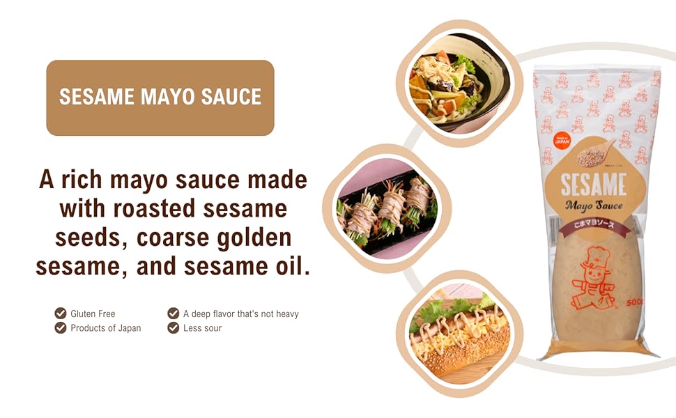 Japanese Mayo - Sesame Mayo Sauce - Enjoy it with sushi rolls, udon salad, steamed chicken, sandwiches, and more! 17.6 oz