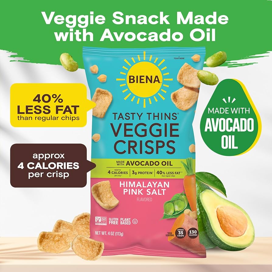 BIENA Tasty Thins Veggie Crisps - Low-Calorie Veggie Chips, Variety Pack, 4 oz Bags - Hawaiian BBQ, Himalayan Pink Salt, & Nacho - Pack of 6