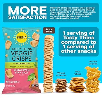 BIENA Tasty Thins Veggie Crisps - Low-Calorie Veggie Chips, Variety Pack, 4 oz Bags - Hawaiian BBQ, Himalayan Pink Salt, & Nacho - Pack of 6