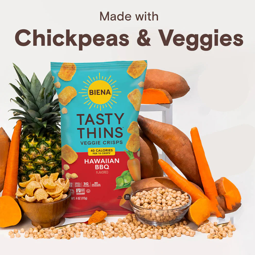 BIENA Tasty Thins Veggie Crisps - Low-Calorie Veggie Chips, Variety Pack, 4 oz Bags - Hawaiian BBQ, Himalayan Pink Salt, & Nacho - Pack of 6