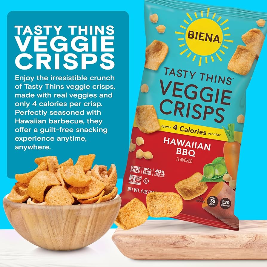 BIENA Tasty Thins Veggie Crisps - Low-Calorie Veggie Chips, Variety Pack, 4 oz Bags - Hawaiian BBQ, Himalayan Pink Salt, & Nacho - Pack of 6