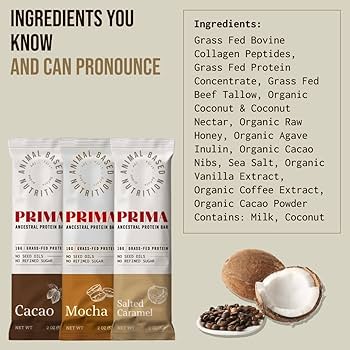 PRIMA ANCESTRAL PROTEIN BAR Grass Fed Protein Bars, Salted Caramel - Seed Oil Free, Gluten Free, Low Carb Snacks - Pack of 7