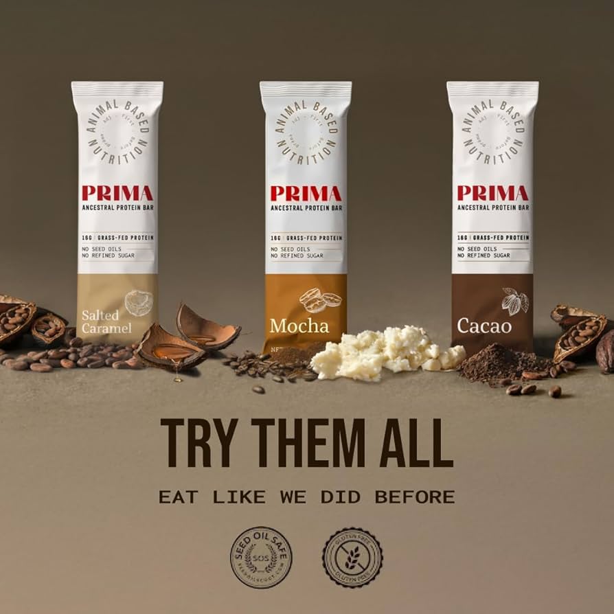 PRIMA ANCESTRAL PROTEIN BAR Grass Fed Protein Bars, Salted Caramel - Seed Oil Free, Gluten Free, Low Carb Snacks - Pack of 7