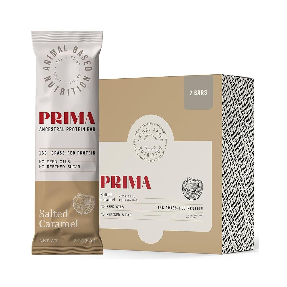 PRIMA ANCESTRAL PROTEIN BAR Grass Fed Protein Bars, Salted Caramel - Seed Oil Free, Gluten Free, Low Carb Snacks - Pack of 7