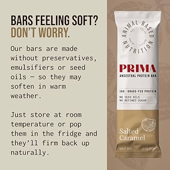 PRIMA ANCESTRAL PROTEIN BAR Grass Fed Protein Bars, Salted Caramel - Seed Oil Free, Gluten Free, Low Carb Snacks - Pack of 7