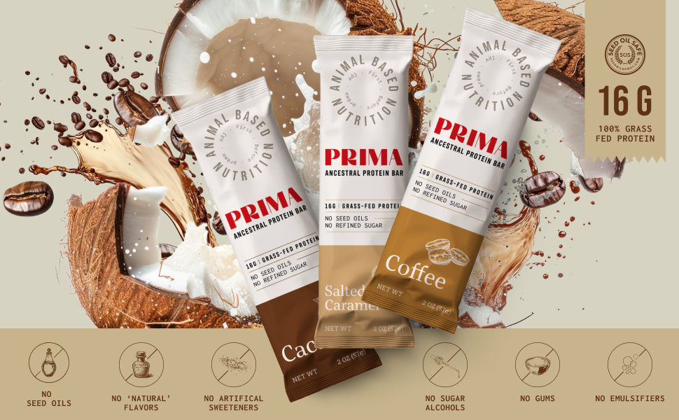 PRIMA ANCESTRAL PROTEIN BAR Grass Fed Protein Bars, Salted Caramel - Seed Oil Free, Gluten Free, Low Carb Snacks - Pack of 7