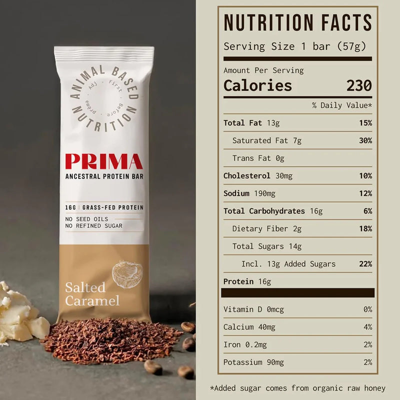 PRIMA ANCESTRAL PROTEIN BAR Grass Fed Protein Bars, Salted Caramel - Seed Oil Free, Gluten Free, Low Carb Snacks - Pack of 7