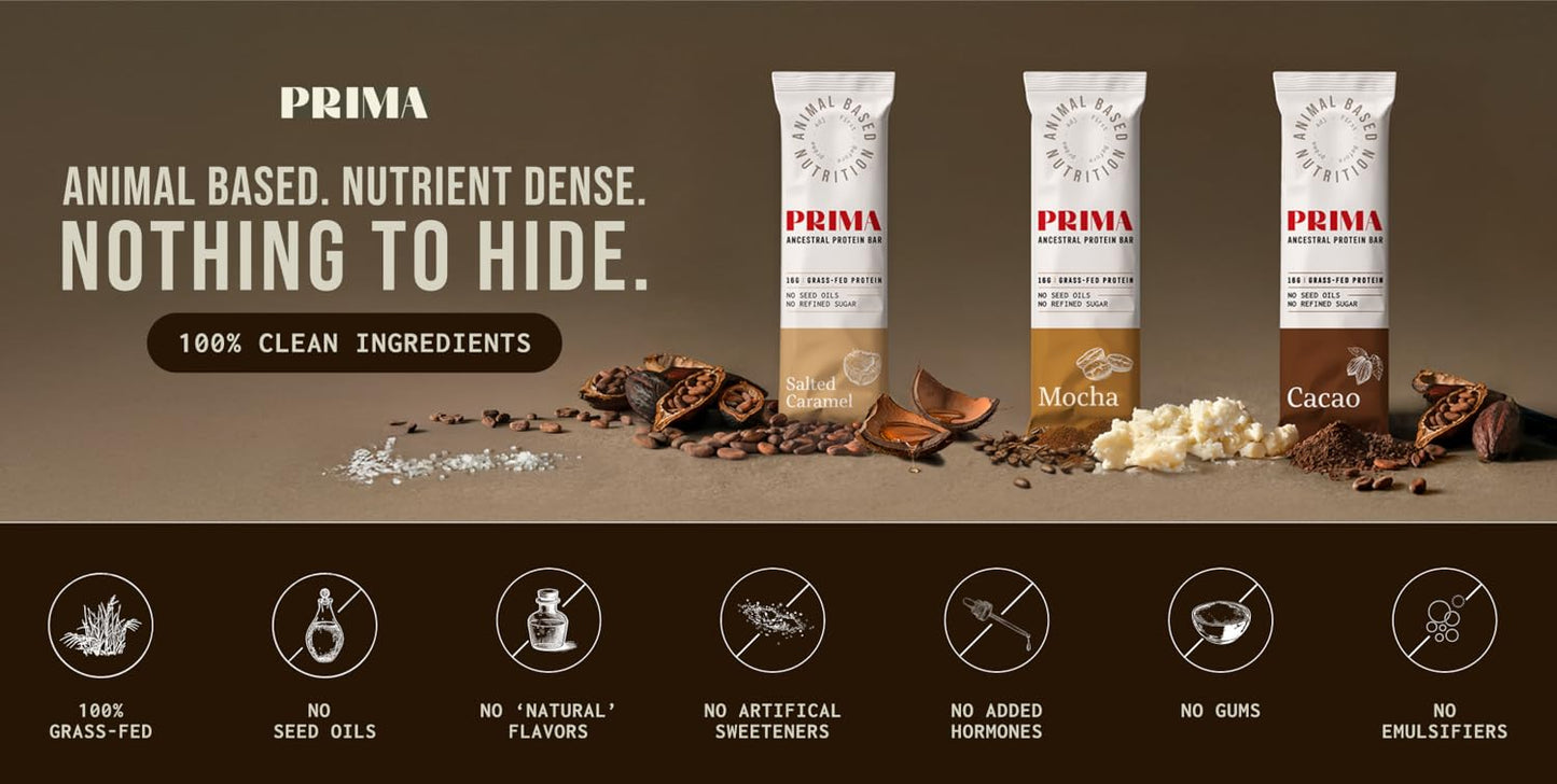 PRIMA ANCESTRAL PROTEIN BAR Grass Fed Protein Bars, Salted Caramel - Seed Oil Free, Gluten Free, Low Carb Snacks - Pack of 7