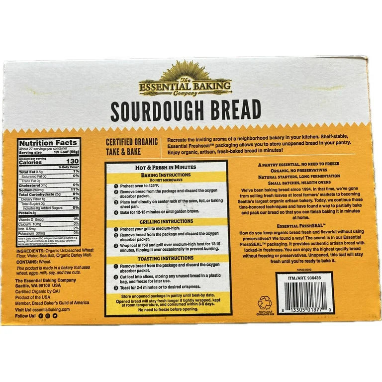 Take & Bake Organic Artisan Sourdough Bread, 18.2 oz - Pack of 3