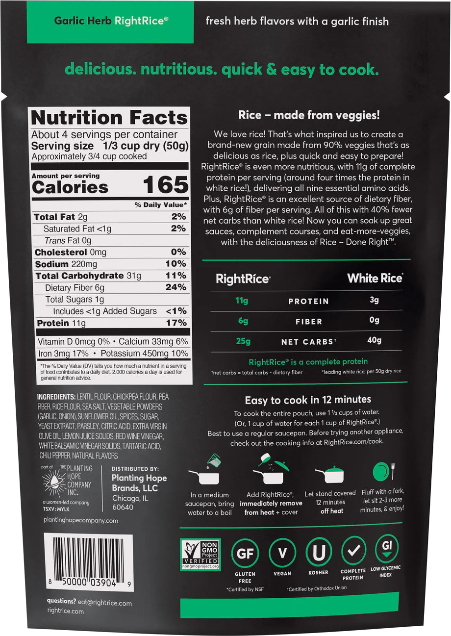 RightRice - Garlic Herb (7oz. Pack of 6) - Made from Vegetables - High Protein, Vegan, non GMO, Gluten Free
