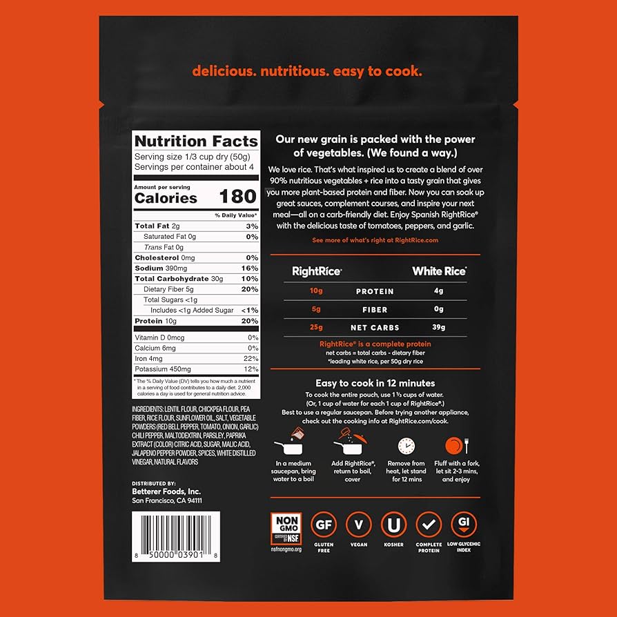 RightRice - Spanish (7oz. Pack of 6) - Made from Vegetables - High Protein, Vegan, non GMO, Gluten Free