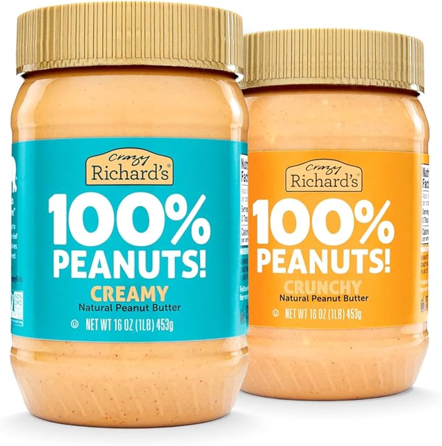 Crazy Richard's 100% All-Natural Vegan Creamy & Crunchy Peanuty Butter with No Added Sugar, Non-GMO Variety Pack 16 oz - Pack of 2
