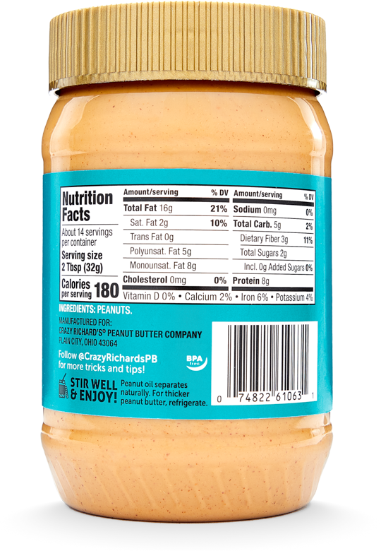 Crazy Richard's 100% All-Natural Vegan Creamy & Crunchy Peanuty Butter with No Added Sugar, Non-GMO Variety Pack 16 oz - Pack of 2