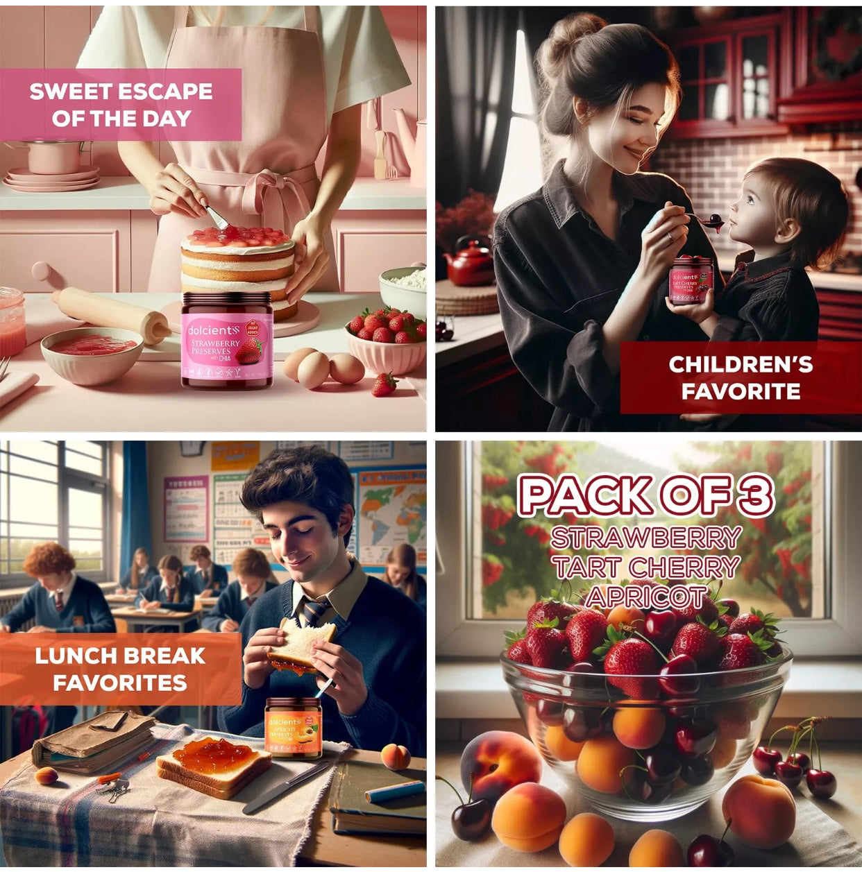 Dolcientis Preserves with Chia Seeds - Apricot, Tart Cherry, Strawberry Preserves - 100% Natural, Sugar Free, Non GMO, Vegan, Gluten Free, Preservative Free Jelly, Additive Free, Low Calorie Paleo Friendly - Pack of 3