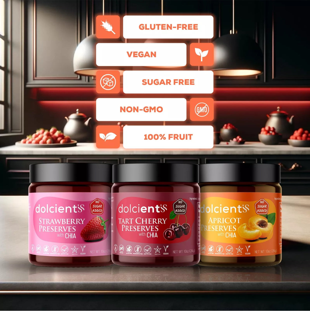 Dolcientis Preserves with Chia Seeds - Apricot, Tart Cherry, Strawberry Preserves - 100% Natural, Sugar Free, Non GMO, Vegan, Gluten Free, Preservative Free Jelly, Additive Free, Low Calorie Paleo Friendly - Pack of 3