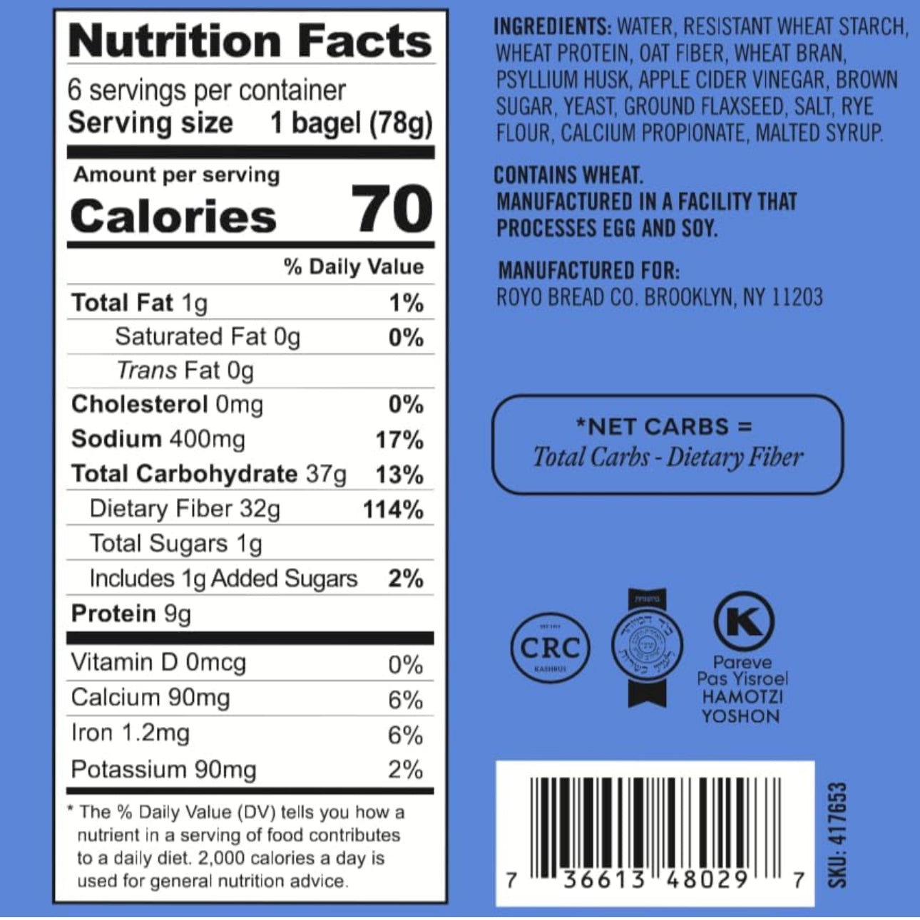 Royo Bread Co Low Carb Artisan Bread and Bagels, 30-80 Calories Artisan Bread & Plain Bagels - Pack of 2