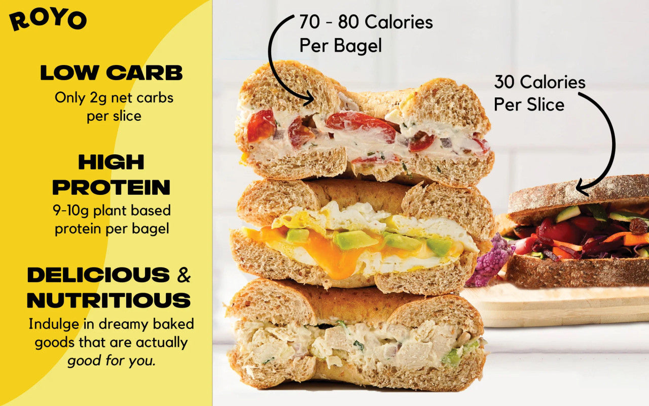 Royo Bread Co Low Carb Artisan Bread and Bagels, 30-80 Calories Artisan Bread & Plain Bagels - Pack of 2