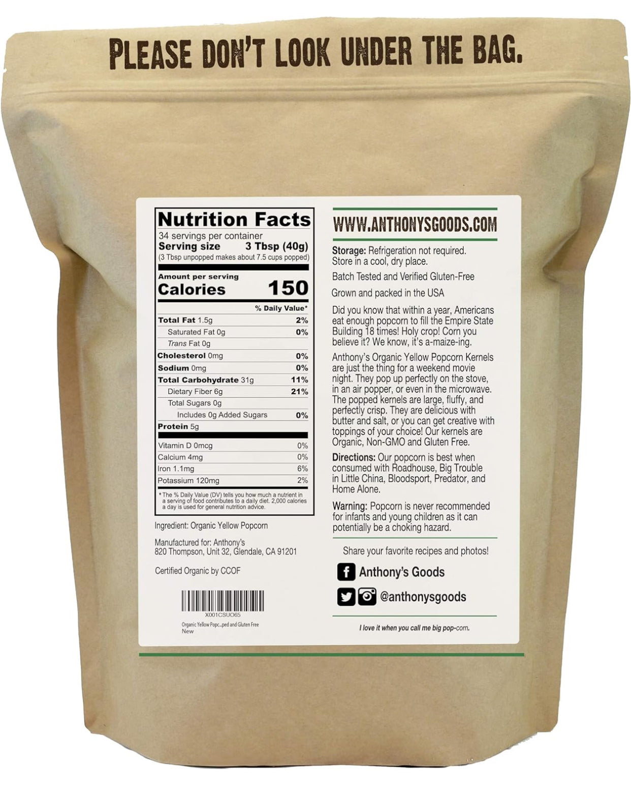 Anthony's Organic Yellow Popcorn Kernels, 3 lb, UnPopped, Gluten Free, Non GMO - 3 lb