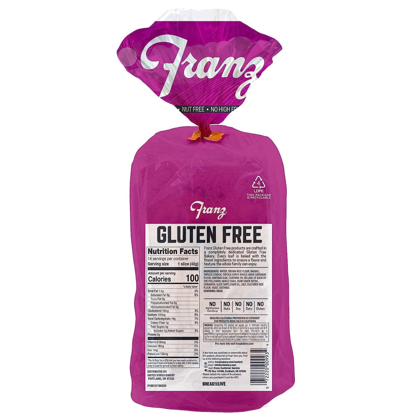 Franz Bakery Gluten Free Cinnamon Raisin Bread - 2 Pack