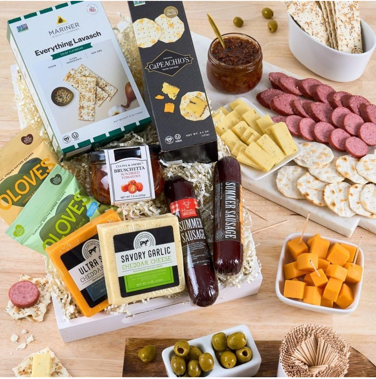 Deluxe Charcuterie Cheese Platter - Gourmet Meat & Cheese Sampler Gift Basket