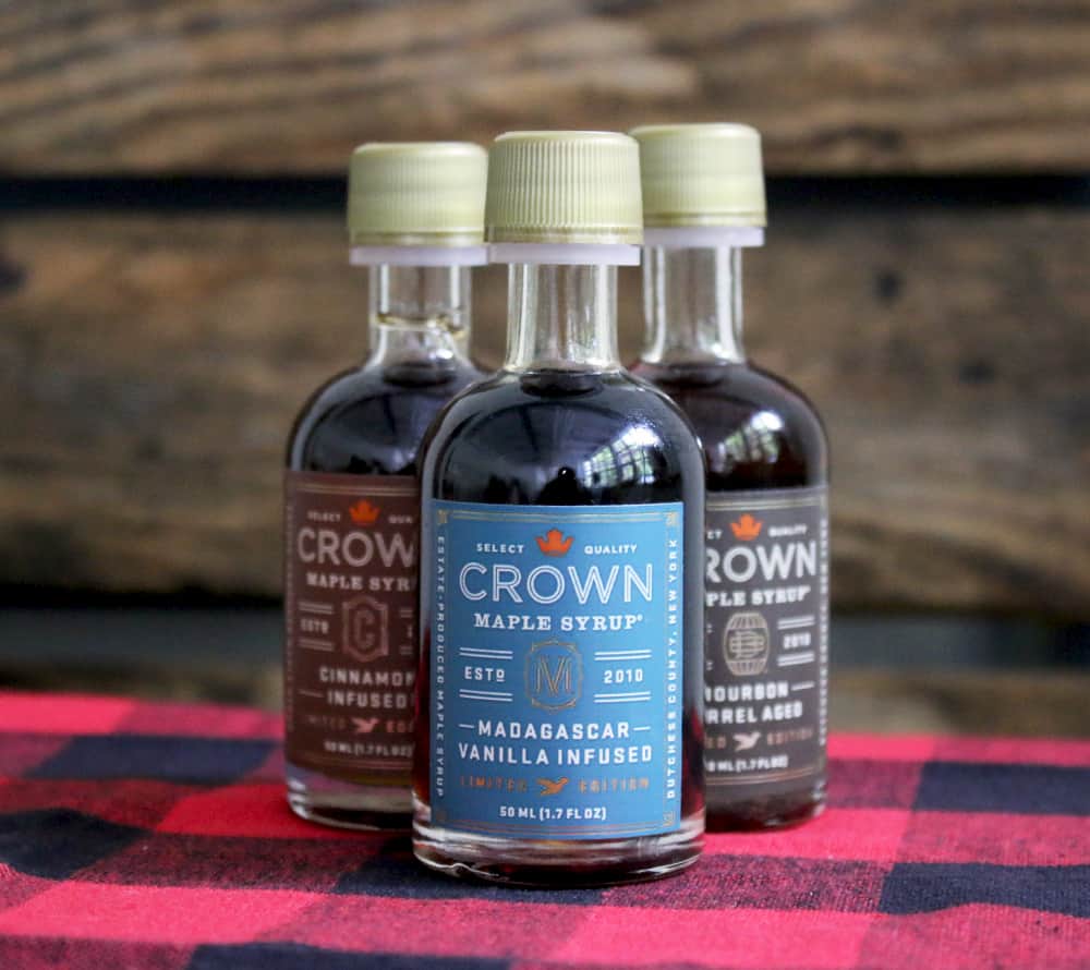 Crown Maple Artisan Trio Collection in Petite 1.7 oz - Window Box featuring Bourbon Barrel Aged, Madagascar Vanilla Infused, and Cinnamon Infused Organic Maple Syrup