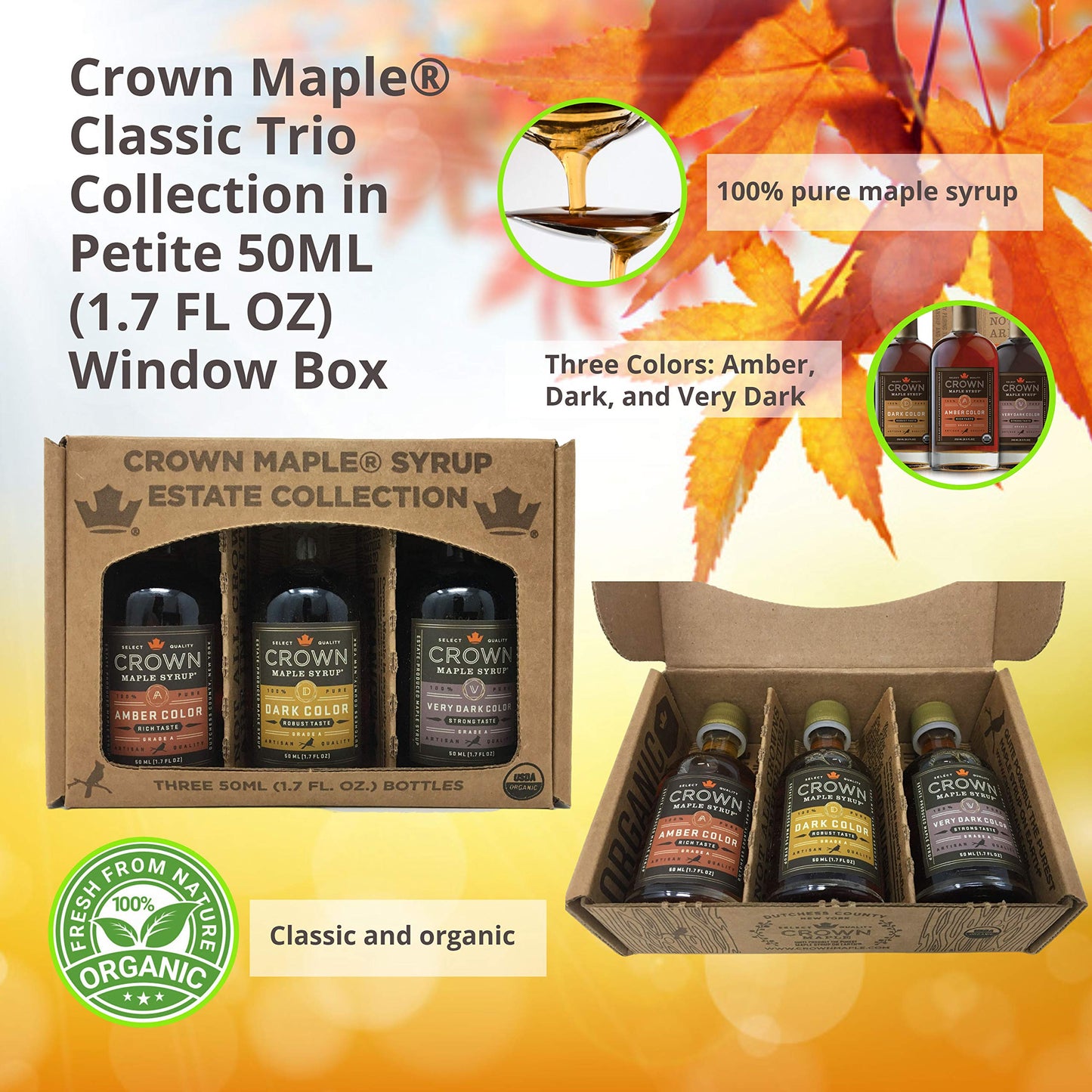 Crown Maple Artisan Trio Collection in Petite 1.7 oz - Window Box featuring Bourbon Barrel Aged, Madagascar Vanilla Infused, and Cinnamon Infused Organic Maple Syrup
