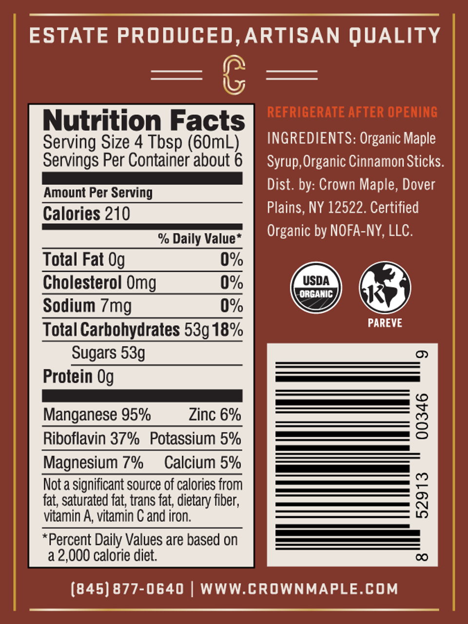 Crown Maple Cinnamon Infused Maple Syrup, 12.7 Fl Oz, Pancakes, Flavor Cocktails, Sticky Buns, Waffles, Certified Organic Pack of 6