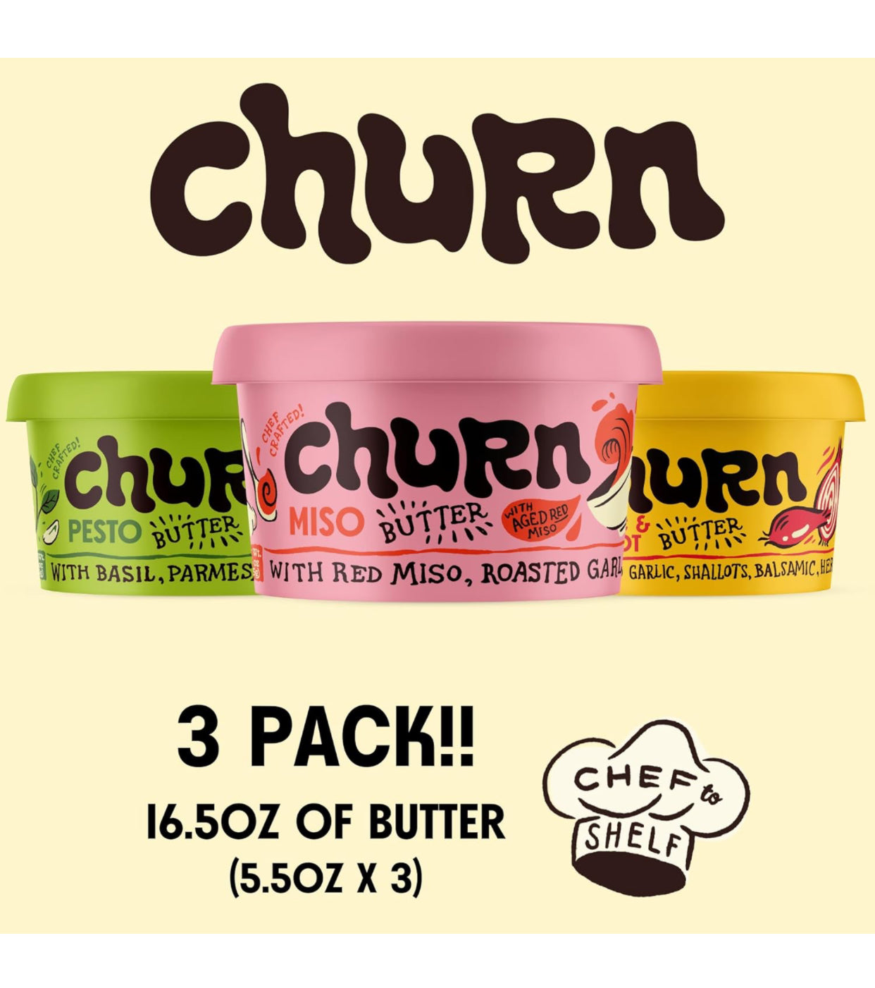 Churn Flavored Butter Grill Pack Churned with Organic Grass Fed Butter - Non-GMO- Pack of 3