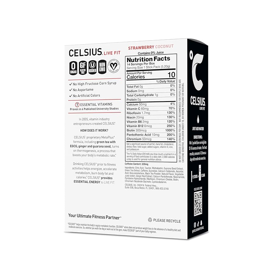CELSIUS On The Go Strawberry Coconut, Sugar Free Energy Drink Mix - 14 Sticks per Pack