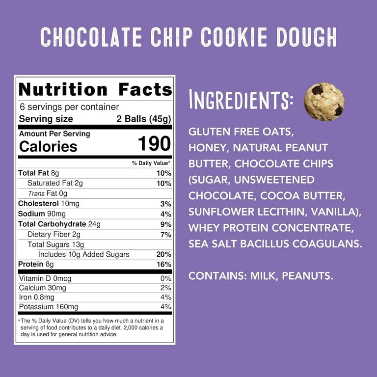 simplyFUEL Chocolate Chip Cookie Dough Protein Ball - Whole Food Balls with Probiotics - 8g Protein Snack - Gluten Free Energy Balls - Pack of 3