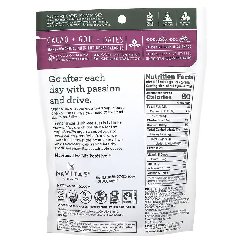 Navitas Organics Superfood Power Snacks, Cacao Goji, 8 oz. Bag, 11 Servings — Organic, Non-GMO, Gluten-Free - Pack of 2