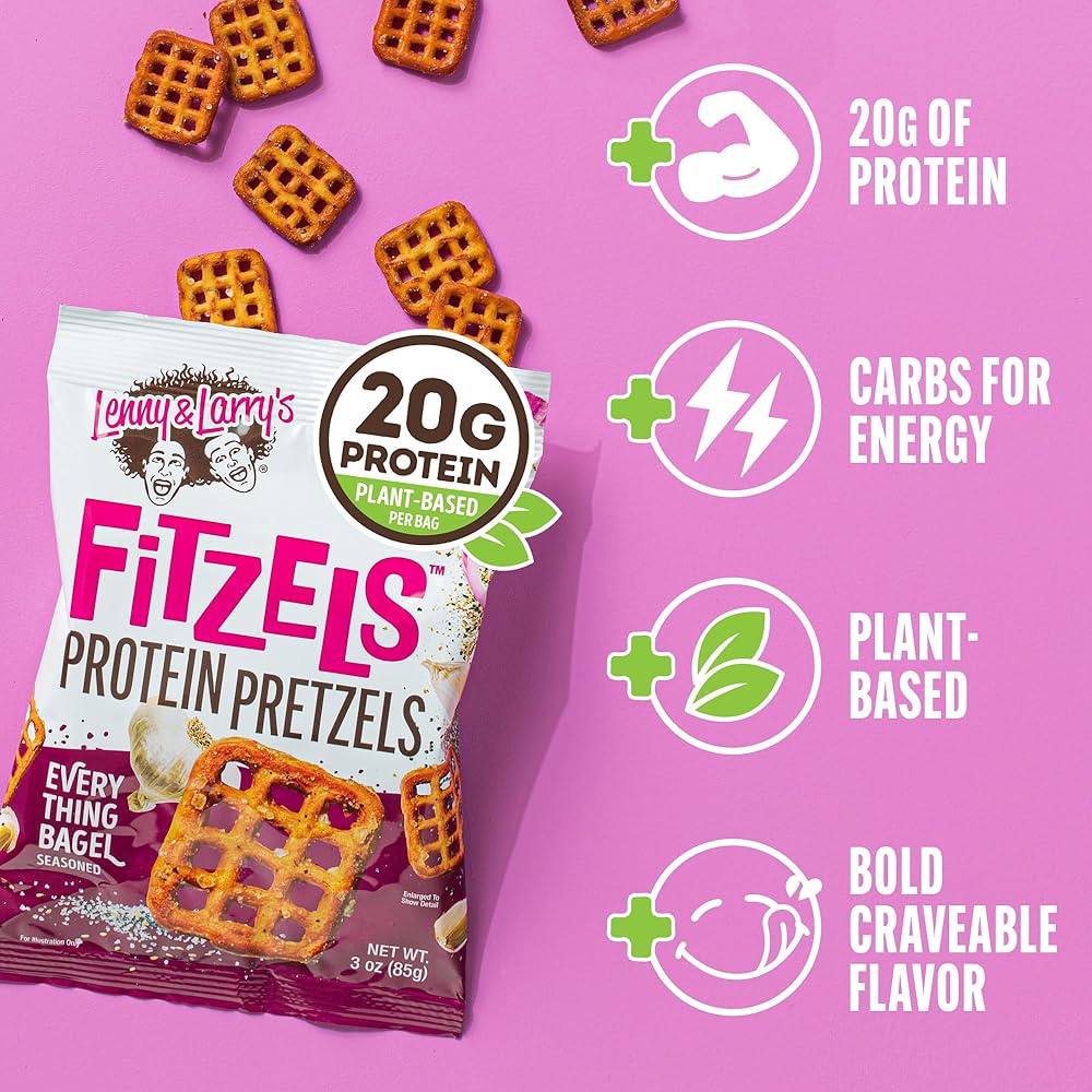 Lenny & Larry's Everything Bagel FITZELS- Savory Pretzel Snacks Incredibly Tasty, High Protein Salty, Vegan, 20 g's of Plant Based Protein, 3 oz - Pack of 8
