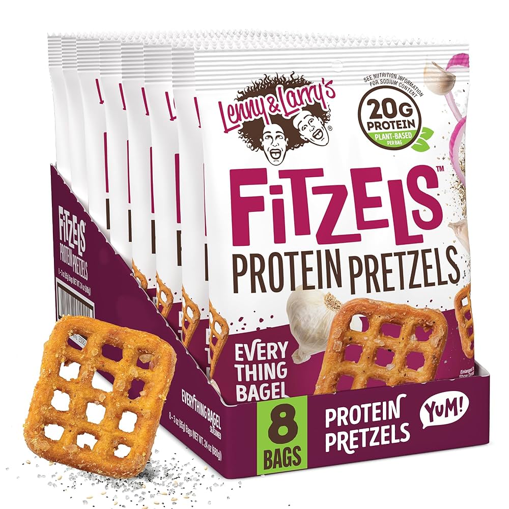 Lenny & Larry's Everything Bagel FITZELS- Savory Pretzel Snacks Incredibly Tasty, High Protein Salty, Vegan, 20 g's of Plant Based Protein, 3 oz - Pack of 8