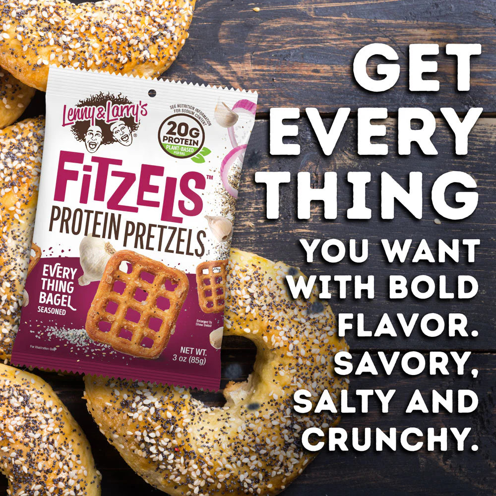 Lenny & Larry's Everything Bagel FITZELS- Savory Pretzel Snacks Incredibly Tasty, High Protein Salty, Vegan, 20 g's of Plant Based Protein, 3 oz - Pack of 8