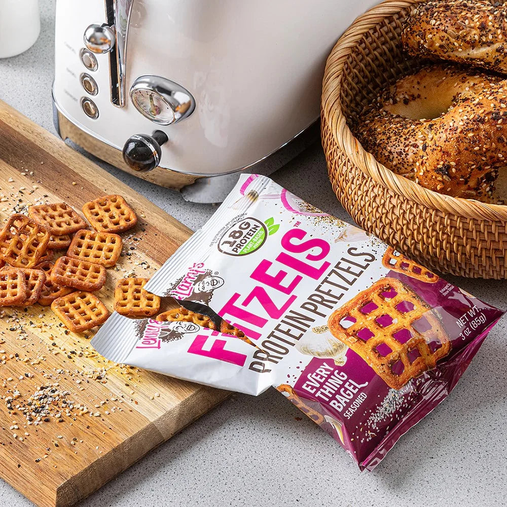 Lenny & Larry's Everything Bagel FITZELS- Savory Pretzel Snacks Incredibly Tasty, High Protein Salty, Vegan, 20 g's of Plant Based Protein, 3 oz - Pack of 8