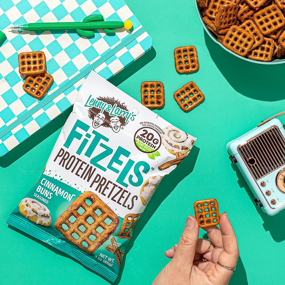 Lenny & Larry's Cinnamon Buns FITZELS- Sweet & Savory Pretzel Snacks Incredibly Tasty, High Protein Salty, Vegan, 20 g's of Plant Based Protein, 3 oz - Pack of 8